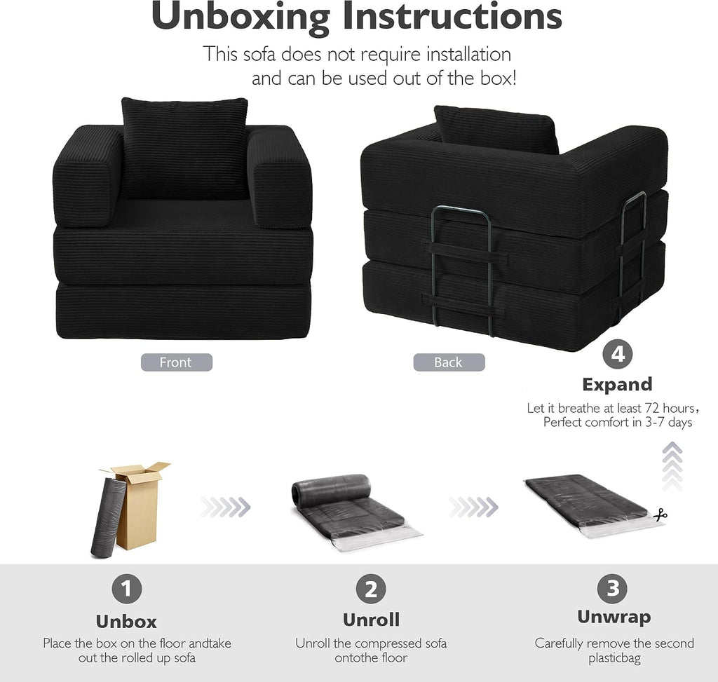 37.4in Convertible Sofa Bed, Corduroy Boneless Couch Bed, Futon Sleeper Sofa Pull Out Bed, Foldable Couch for Living Room Apartment, No Assembly Required