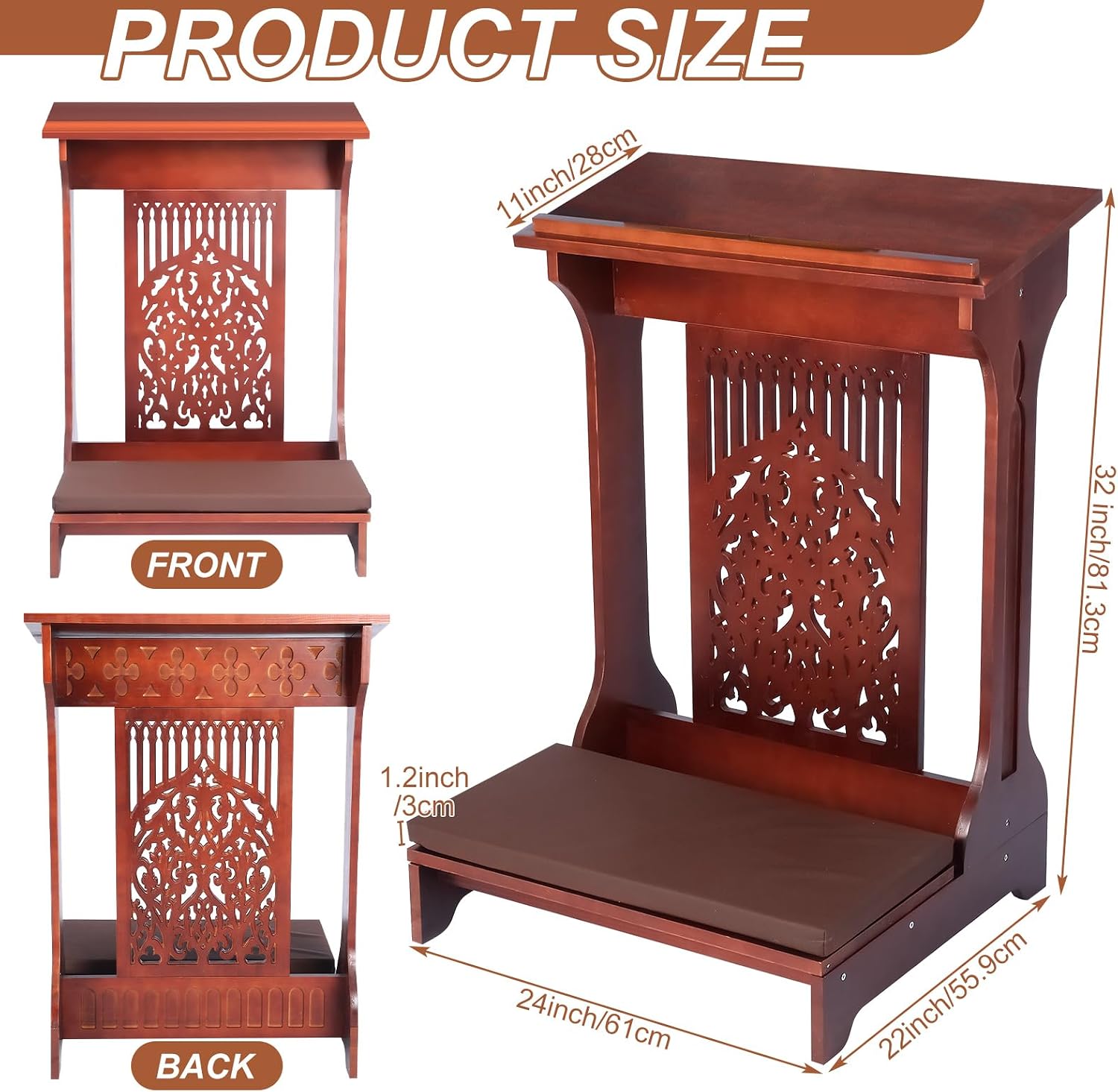 Colingmill Tree of Life Church Prayer Bench Stool Wooden Padded Kneeler with Shelf and Cushion Prayer Kneeler for Home Church Religious Gifts, 24 x 22 x 32 inches(Walnut Color)