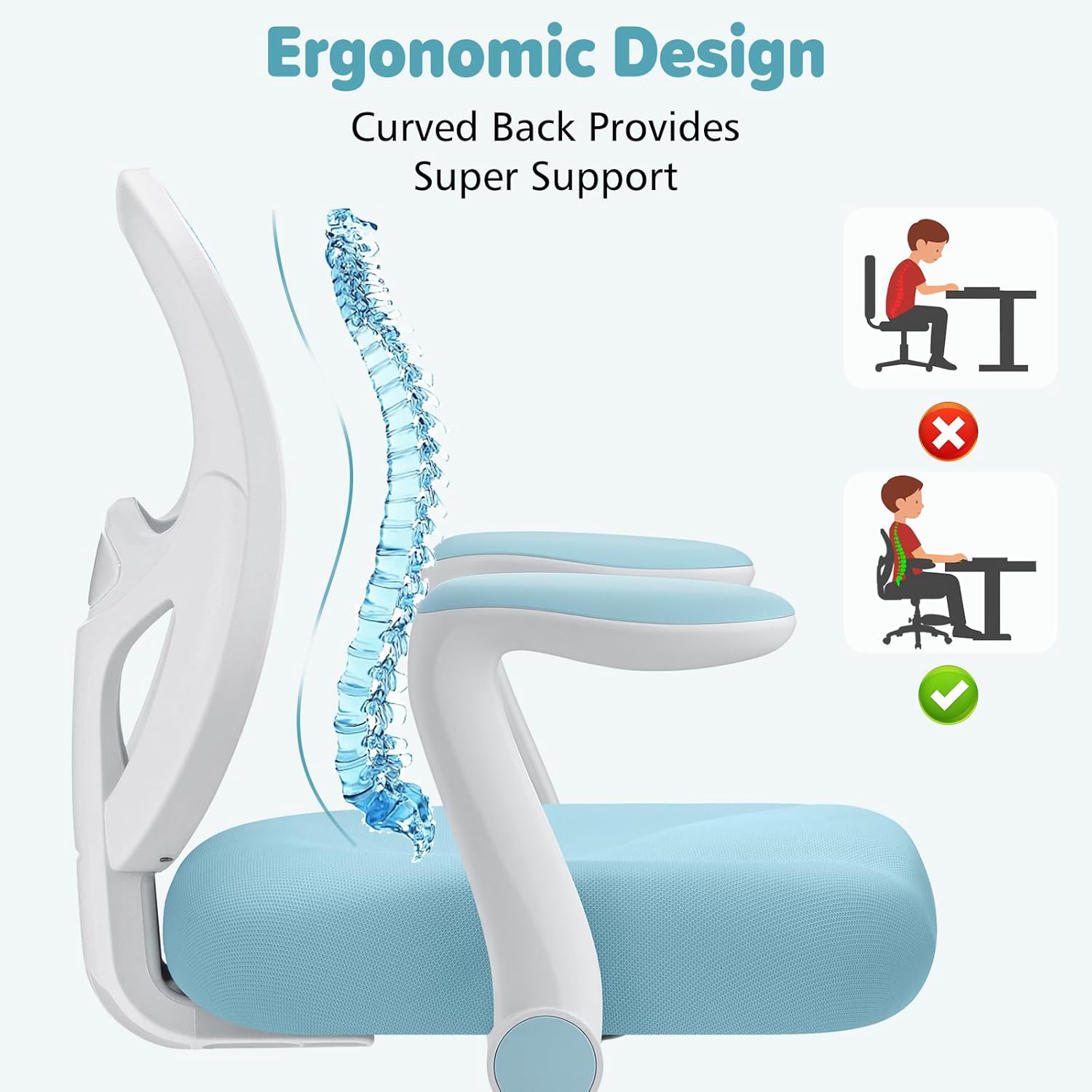 Kids Desk Chair Ergonomic Study Chair with Flipped Armrest and Footrest Swivel Mesh Desk Chair with Wheels Home Office Chair for Children in Home Bedroom Blue