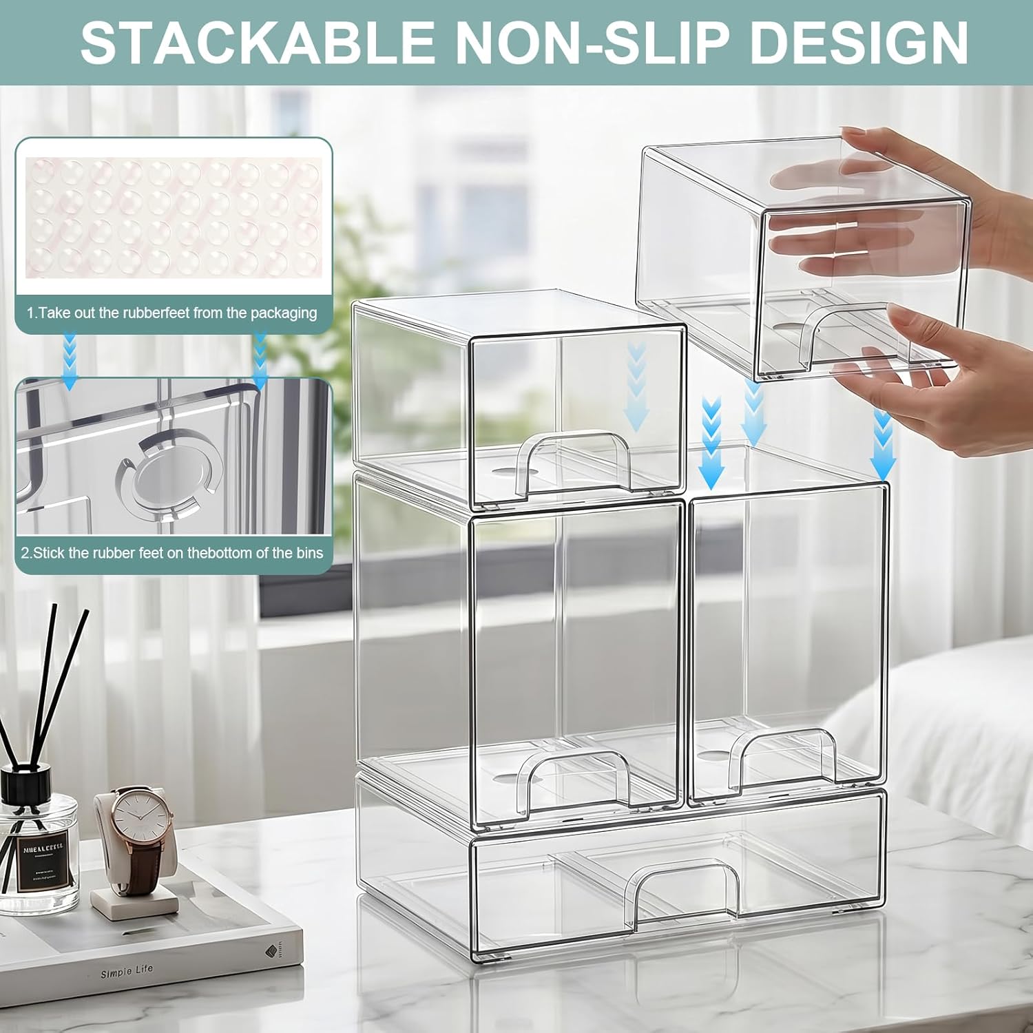 POLRAI 5 Pack Baby Bottles Organizer with Brush and Hooks, Stackable Acrylic Storage Boxes for Baby Bottles, Makeup, Small Items, Clear Storage Containers for Kitchen, Bathroom, Bedroom, Cabinet