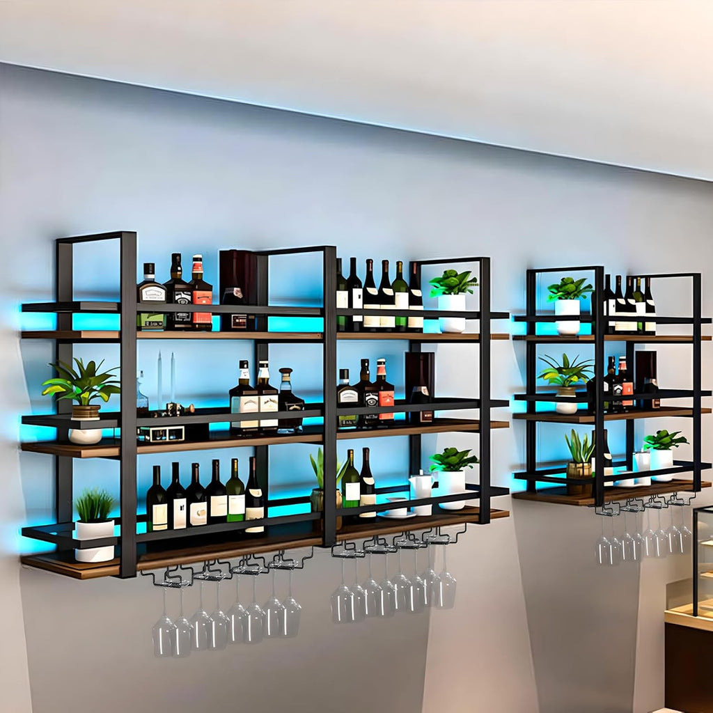 Wine Rack Wall Mounted with LED Lights, 3 Tier Metal Liquor Floating Display Shelves, with Wine Glass Rack, Iron & Wood Industrial Wall Wine Rack, for Bar, Kitchen, Cafe (Black, 39.4in)