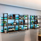 Wine Rack Wall Mounted with LED Lights, 3 Tier Metal Liquor Floating Display Shelves, with Wine Glass Rack, Iron & Wood Industrial Wall Wine Rack, for Bar, Kitchen, Cafe (Black, 39.4in)