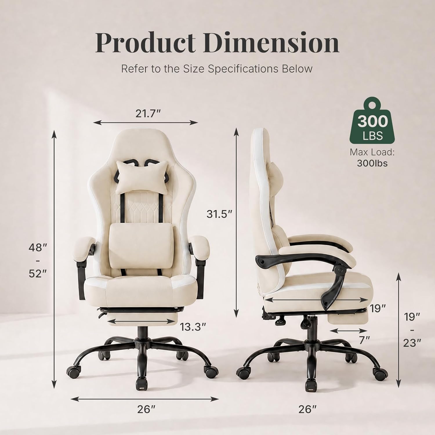 Computer Gaming Chair - High Back Ergonomic Desk Chair with Footrest and Lumbar Support, Height Adjustable Task Chair with Linkage Armrests and Headrest, 360° Swivel Wheels, Khaki