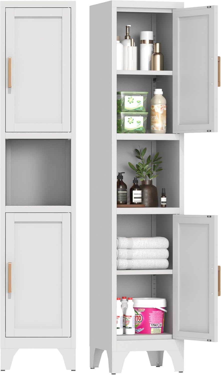 67" H Tall Bathroom Storage Cabinet with 2 Doors ＆Adjustable Shelves,Narrow Metal Cabinet with Open Countertop,Narrow Storage Unit for Small Space,Bathrooms,Entryway,Kitchen- Assembly Required(White)