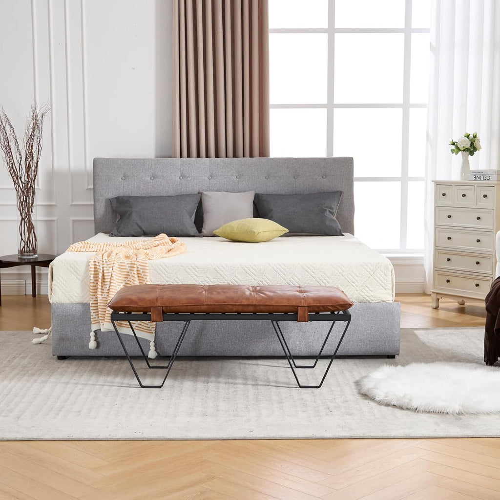 RIVOVA Modern Removable Tufted Upholstered Entryway Bench, 48-Inch Contemporary Indoor Ottoman Bench with Slatted Metal Frame, Brown Leather Bench for Bedroom End of Bed, Dining, Hallway, Living Room