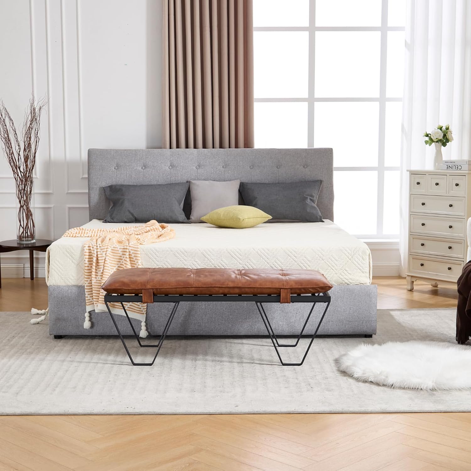 RIVOVA Modern Removable Tufted Upholstered Entryway Bench, 48-Inch Contemporary Indoor Ottoman Bench with Slatted Metal Frame, Brown Leather Bench for Bedroom End of Bed, Dining, Hallway, Living Room