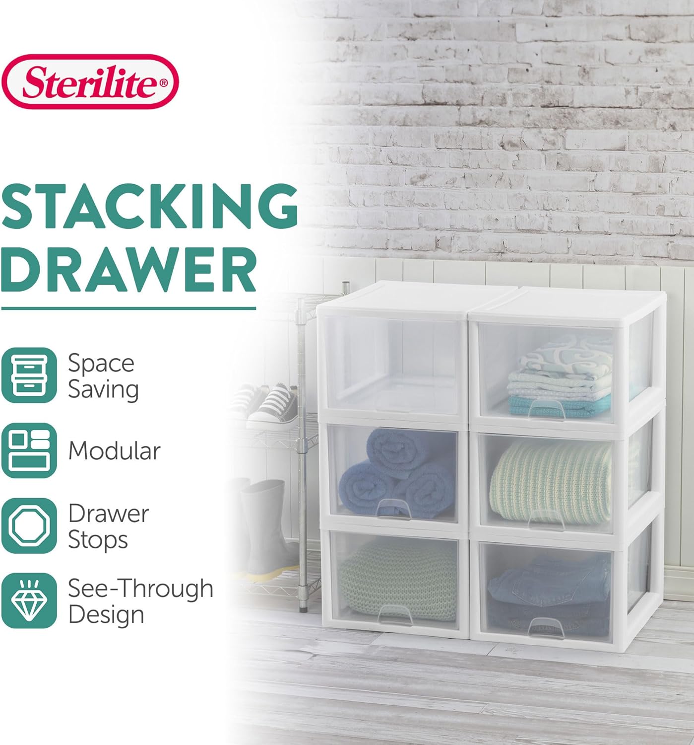 Sterilite 4-Pack Stacking Drawer, Clear Storage Organizer Containers, 27 Quart, White Frame - Stackable and Modular Plastic Drawers for Shoes, Clothes, Accessories, Supplies, Bedding, and Linens