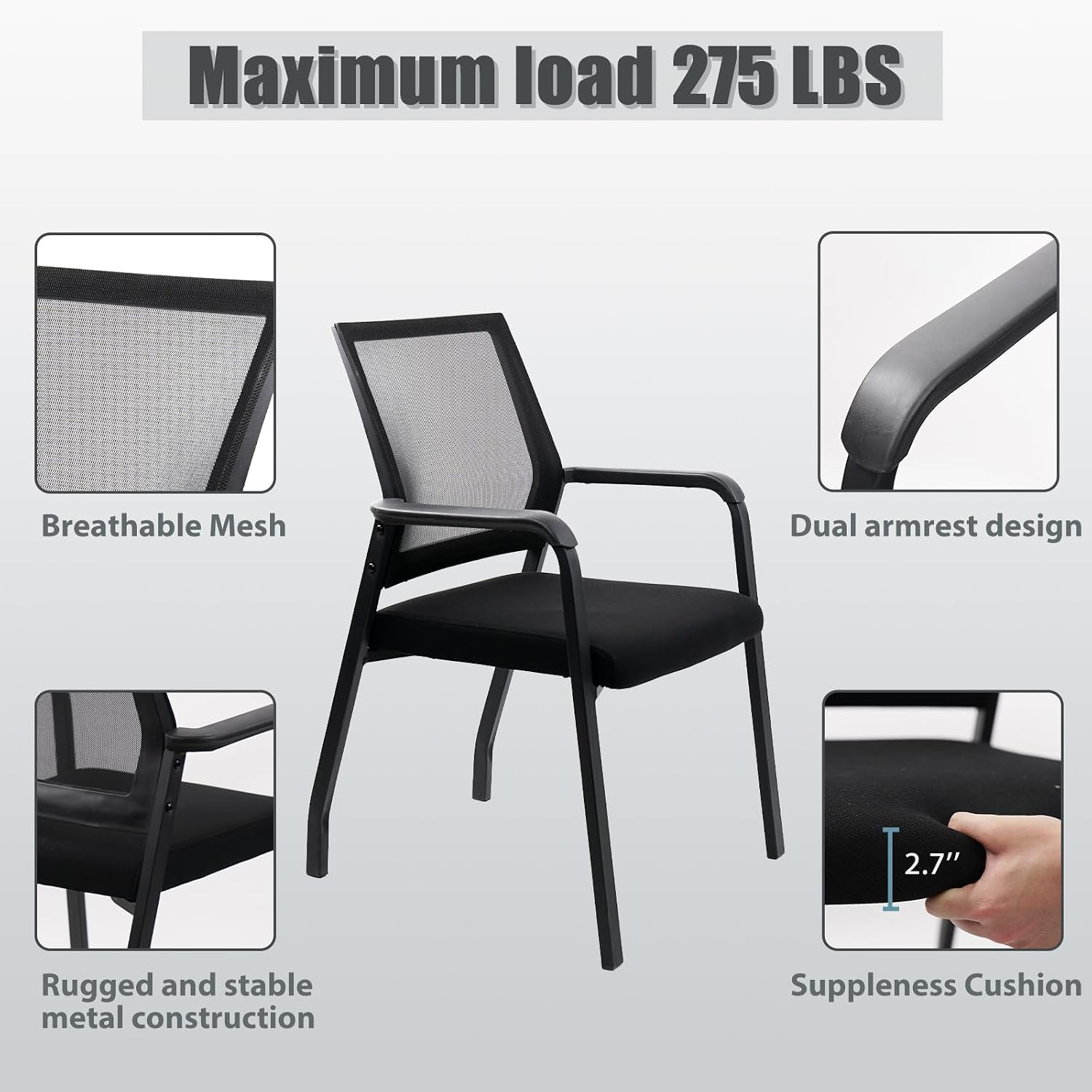 KLASIKA Desk Chair No Wheels, Arm Chair with Ergonomic Lumbar Support and Thickened Seats Cushion, Waiting Room Chairs for Office School Church Guest Reception, 8 Pack Black