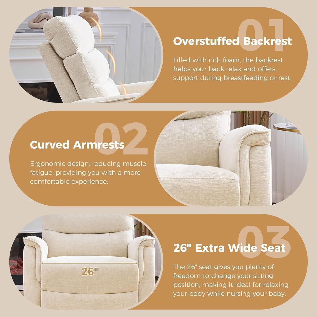 Oversized Swivel Rocker Recliner, 26'' Extra Wide Rocking Recliner Nursery Chair, Manual Swivel Recliner for Nursery, Reclining Rocking Chairs for Living Room, Chenille Beige