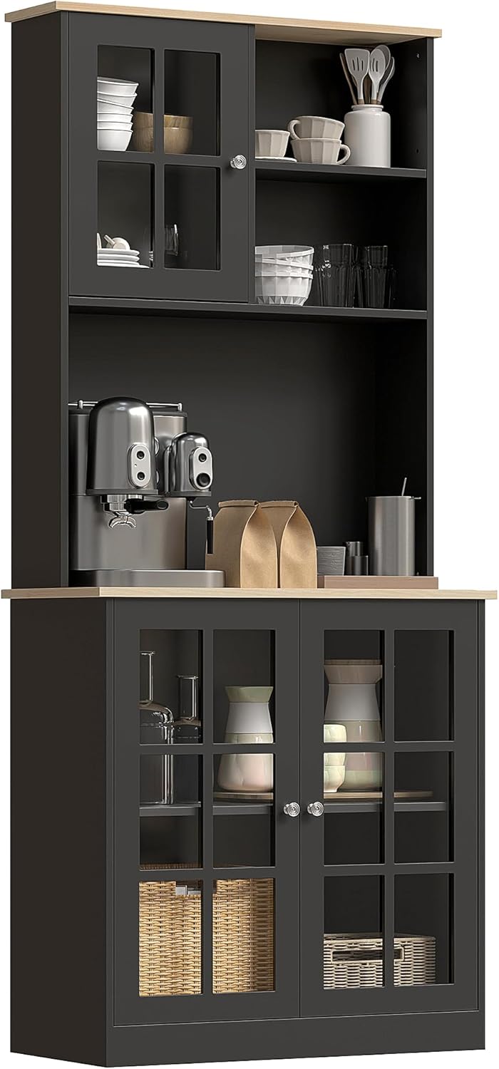 HOMCOM Kitchen Pantry Storage Cabinet, 72" Freestanding Cabinet with Hutch, Large Countertop, Glass Doors and Adjustable Shelves for Dining Room, Black