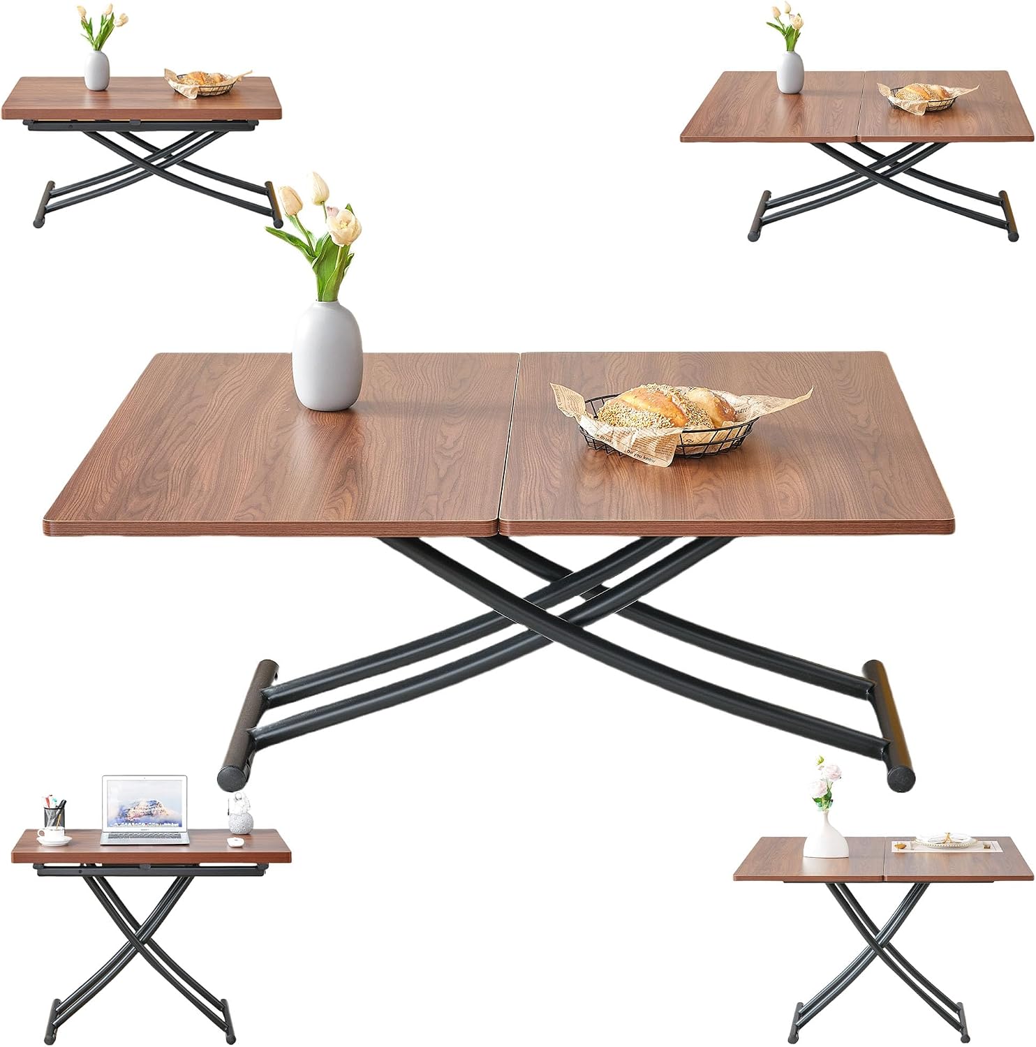 Multifunctional Height-Adjustable Folding Table - Coffee to Dining Transformer, Wooden Top & Metal Legs, Modern for Small Spaces (Kitchen/Living) (Walnut)