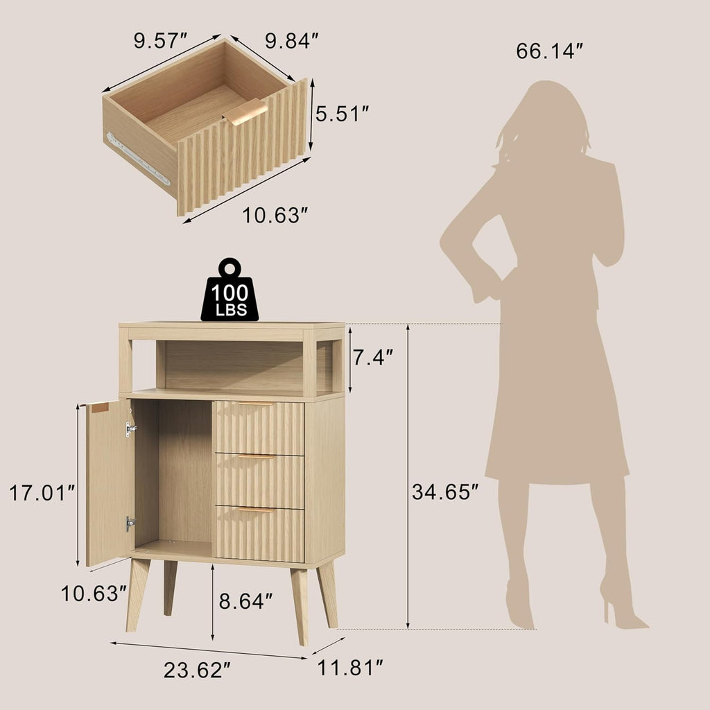 Natural Wood Bathroom Floor Cabinet with 3 Fluted Drawers & Door, Modern Storage Sideboard with Open Shelf, Coffee Bar Station for Living Room, Entryway, 23.6 x 11.8 x 34.6 Inches