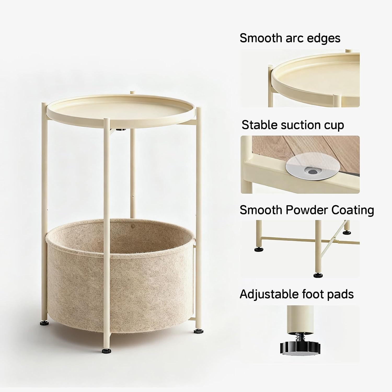 Small Round Side Table with Felt Storage Basket, Metal End Table with Removable Tray and Adjustable Feet, Accent Table for Nursery, Bedroom, Living Room, Laundry Room, Gold