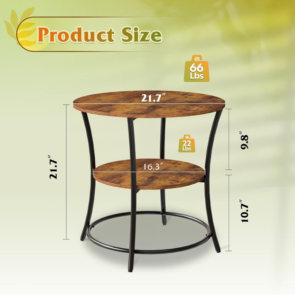 WLIVE Side Table, Round End Table with 2 Storage Shelves for Living Room, Bedroom, Nightstand with Steel Frame for Small Spaces, Accent Coffee Table, Rustic Brown