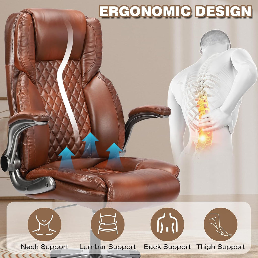 Brown Leather Office Chair with Flip up Arms, High Back Ergonomic Executive Office Chairs with Wheels, 90-120° Rocking Office Desk Chair with Lumbar Support, Swivel Task Chairs