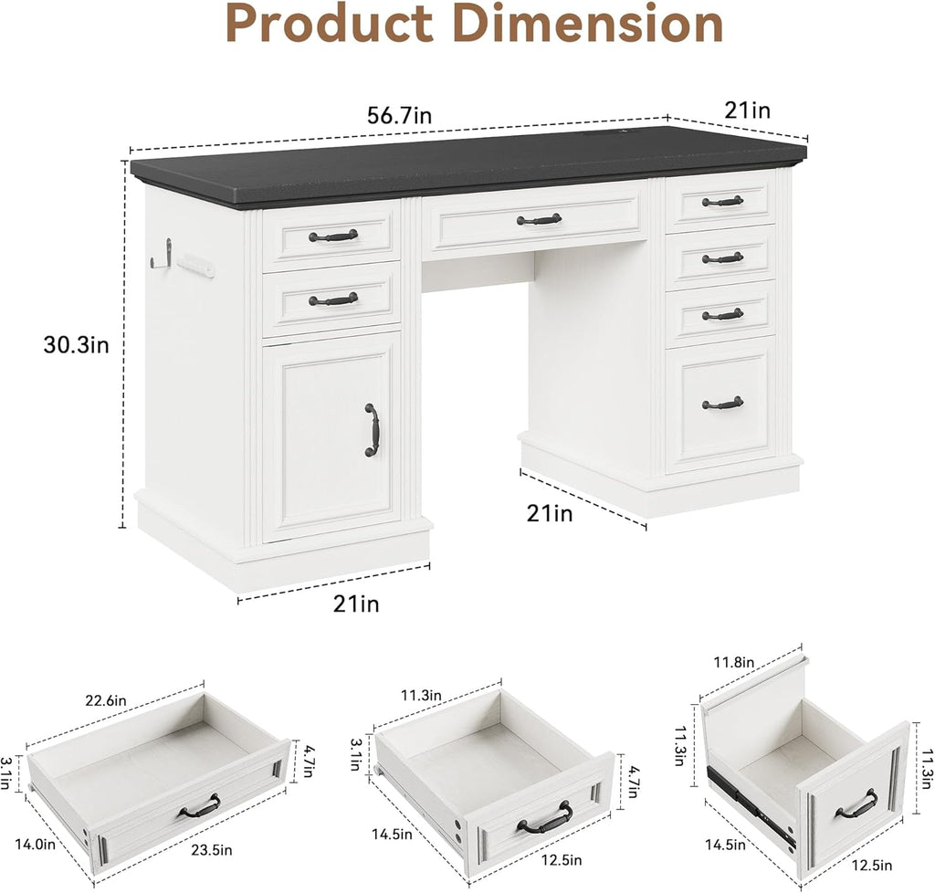 Jocoevol Farmhouse 57" Executive Desk with 7 Drawers, Home Office Desk with File Cabinet Storage, Computer Desk with Charging Station and Headphone Hook for Work, Study, Writing, White