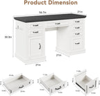 Jocoevol Farmhouse 57" Executive Desk with 7 Drawers, Home Office Desk with File Cabinet Storage, Computer Desk with Charging Station and Headphone Hook for Work, Study, Writing, White