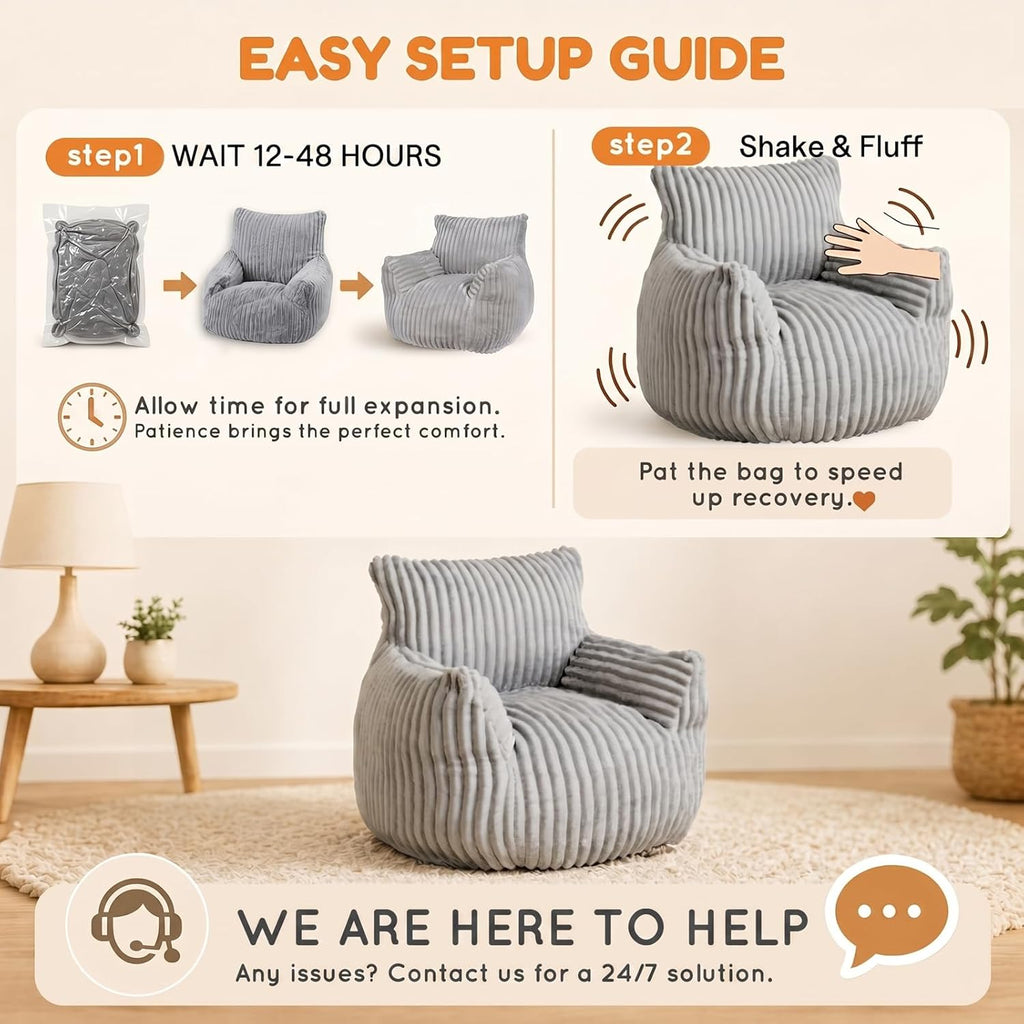 Bean Bag Chair - Plush Faux Fur Floor Seating Furniture Bean Bag Chair for Living Room, Bedroom, Playroom (2.5FT Stripe Grey)