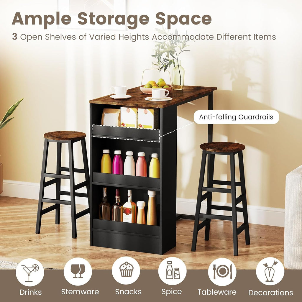 COSTWAY 3-Piece Bar Table Set, 36" Counter Height Breakfast Table with 3 Storage Shelves & 2 Round Stools, Rectangular Kitchen Table Set for 2, for Dining Room, Living Room, Rustic Brown and Black