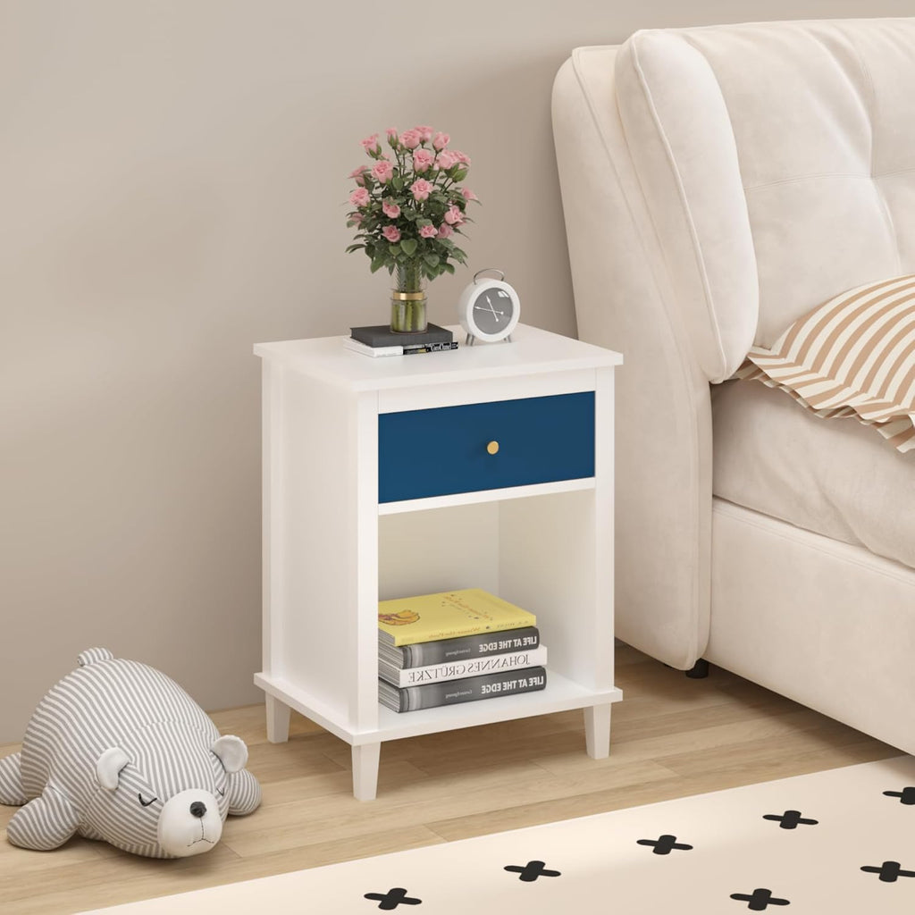 Modern Nightstand, Kids Nightstand with One Drawer, End Table for Boys and Girls, Toddler Night Stand for Living Room, Bedroom (Navy)