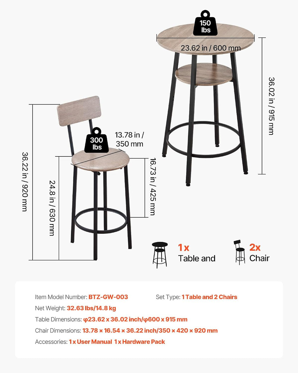 VEVOR Bar Table and Chairs Set, 3PCS 23.5″ Bars Tables Set with Rounded Corner Design, Round Pub Table with Two Stools for Office Desk, Breakfast Corner, Mini Bars, Light Gray, Black