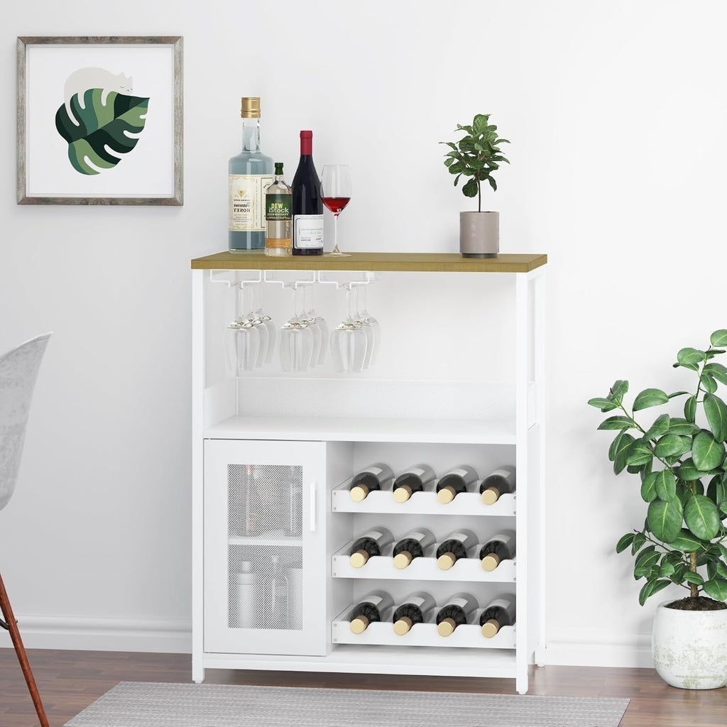 GAOMON Wine Bar Cabinet with Detachable Wine Rack, Bar Cabinet with Storage Space & Glass Holder, Mesh Door, Small Buffet Sideboard for Liquor and Glasses