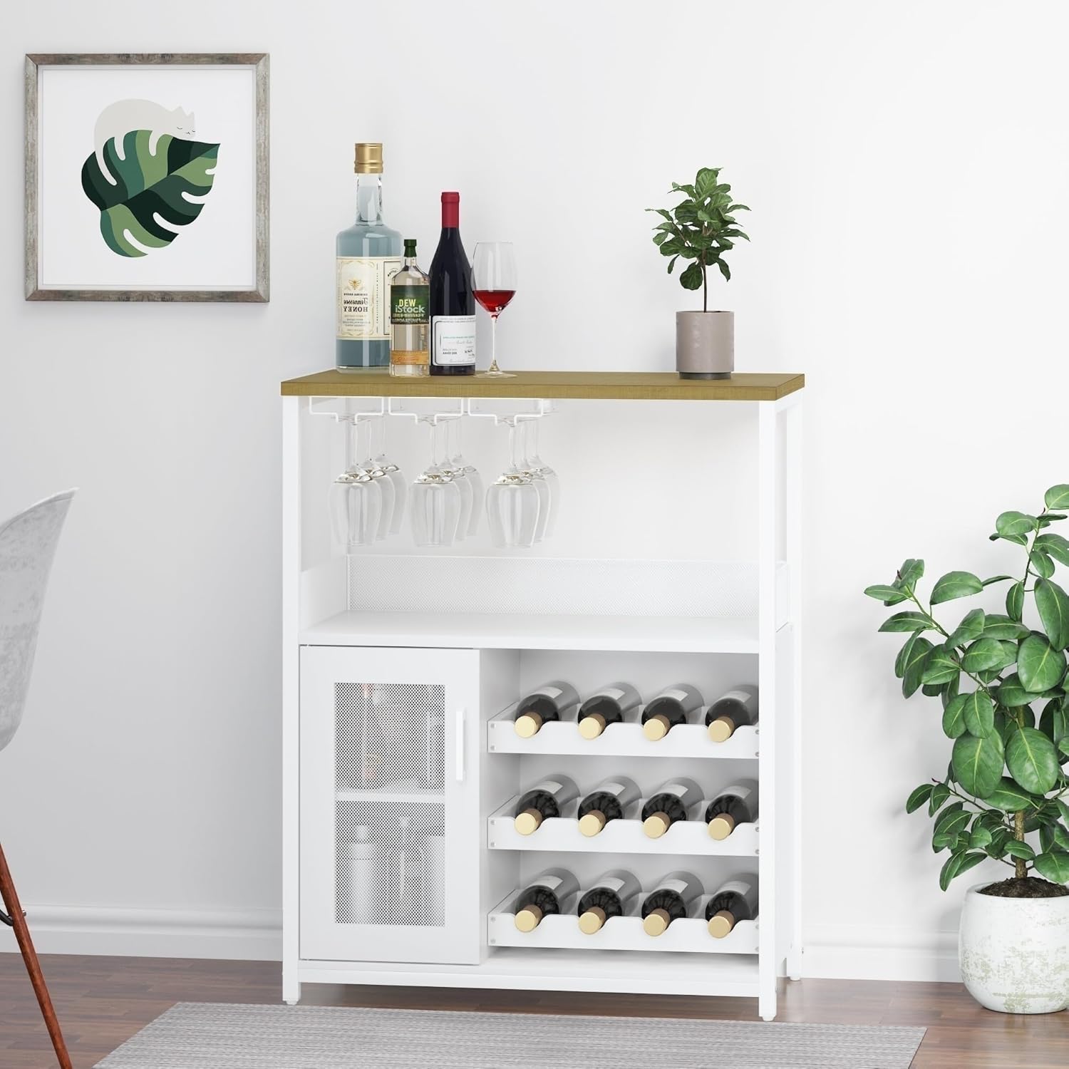 GAOMON Wine Bar Cabinet with Detachable Wine Rack, Bar Cabinet with Storage Space & Glass Holder, Mesh Door, Small Buffet Sideboard for Liquor and Glasses