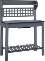 Outsunny Outdoor Potting Bench Table, Wooden Workstation with Sliding Tabletop, Storage Shelf and Dry Sink, for Greenhouse, Garden, Patio, Gray