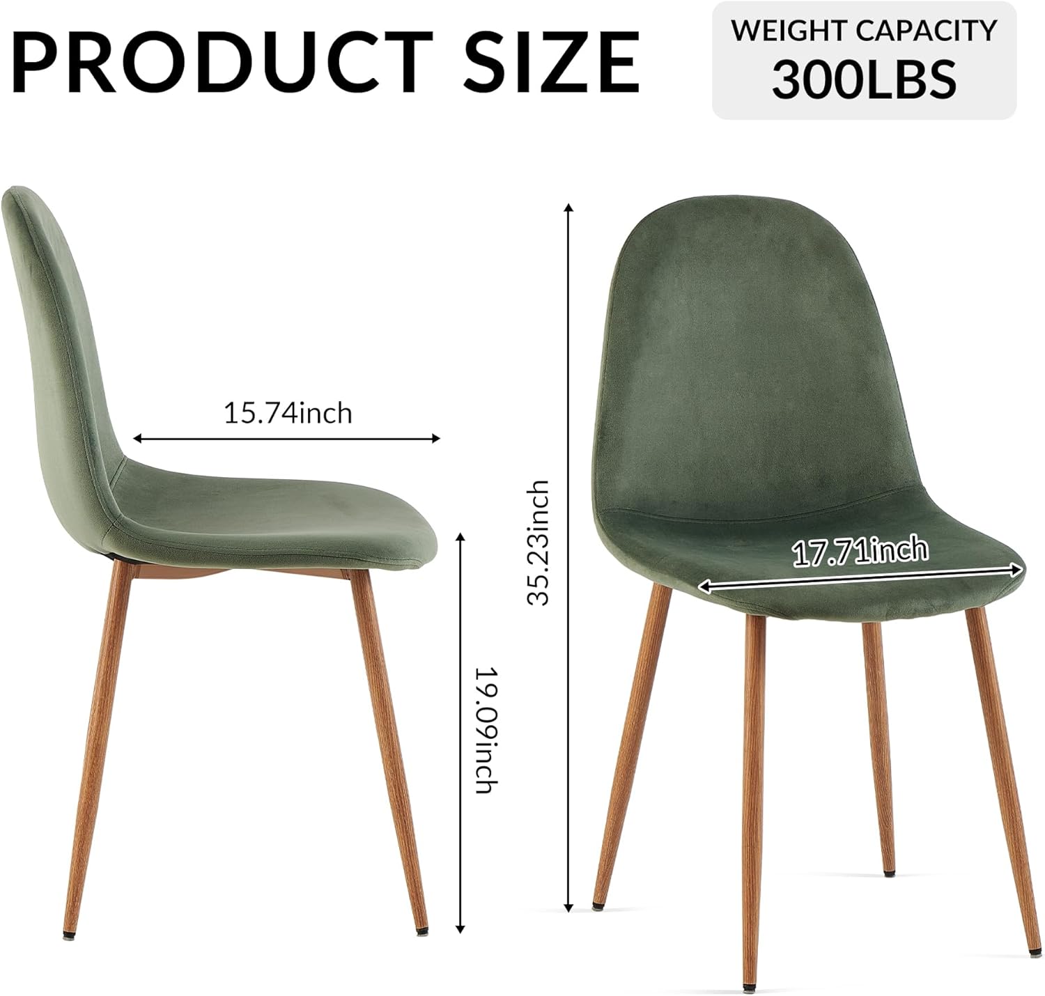 Howtek Dining Chairs Set of 4, Mid Century Modern Green Velvet Upholstered Fabric Kitchen Chairs with Backrest & Metal Legs for Living Room, Dining Room, Vanity - Green
