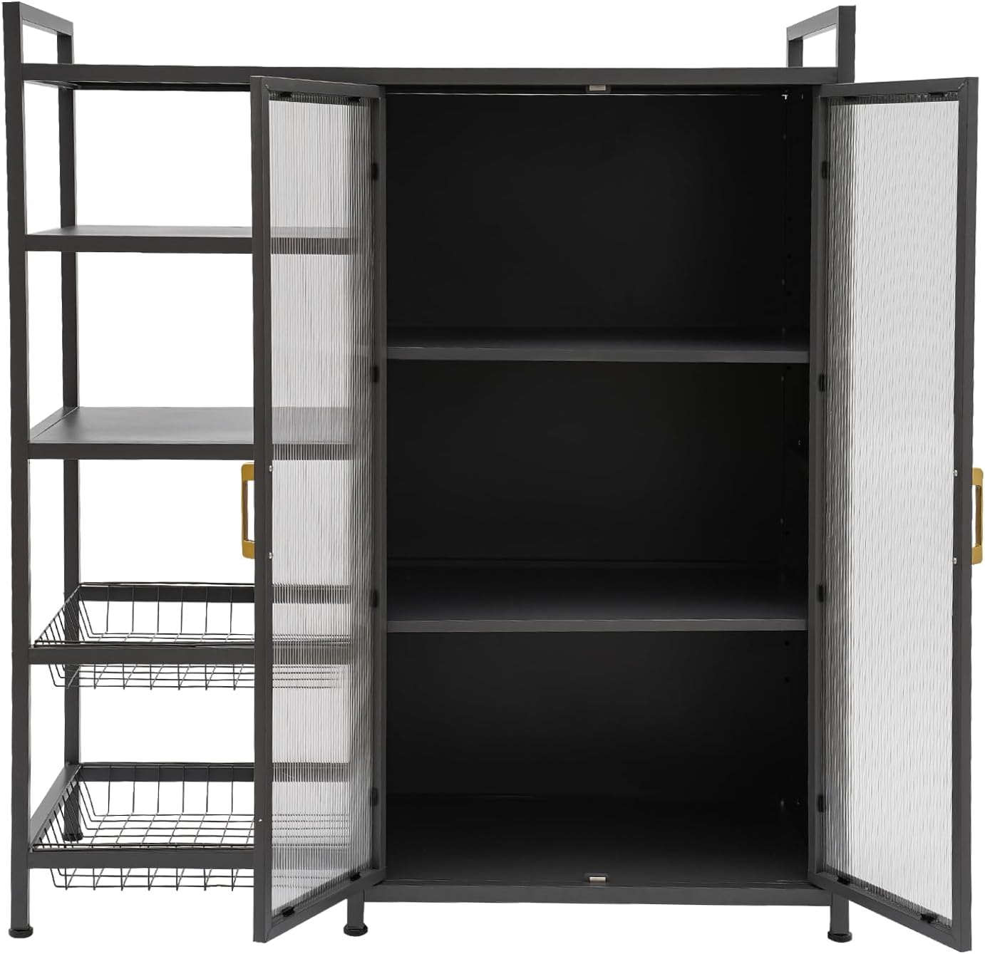 Kitchen Pantry Cabinet with Clear Doors, Metal Sideboard with Open Storage Shelf and Baskets Floor-Standing Organizer for Dining Room Living Room Bar