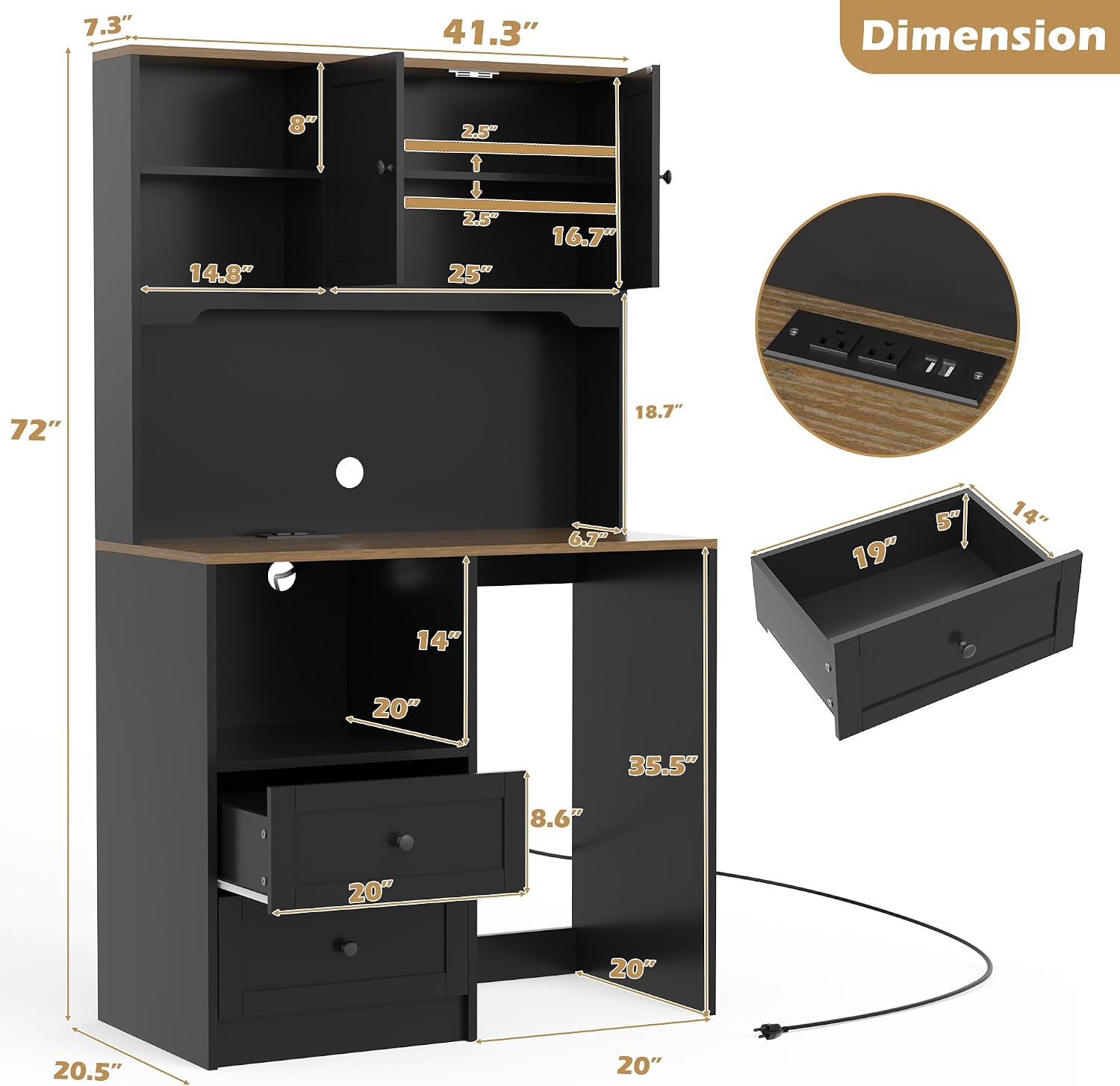 72" Kitchen Pantry Storage Cabinet with Fridge Space, Mini Fridge Cabinet with Charging Station, Large Pantry Cabinet with Drawers, Doors & Shelves, Kitchen Hutch with Microwave Stand, Black