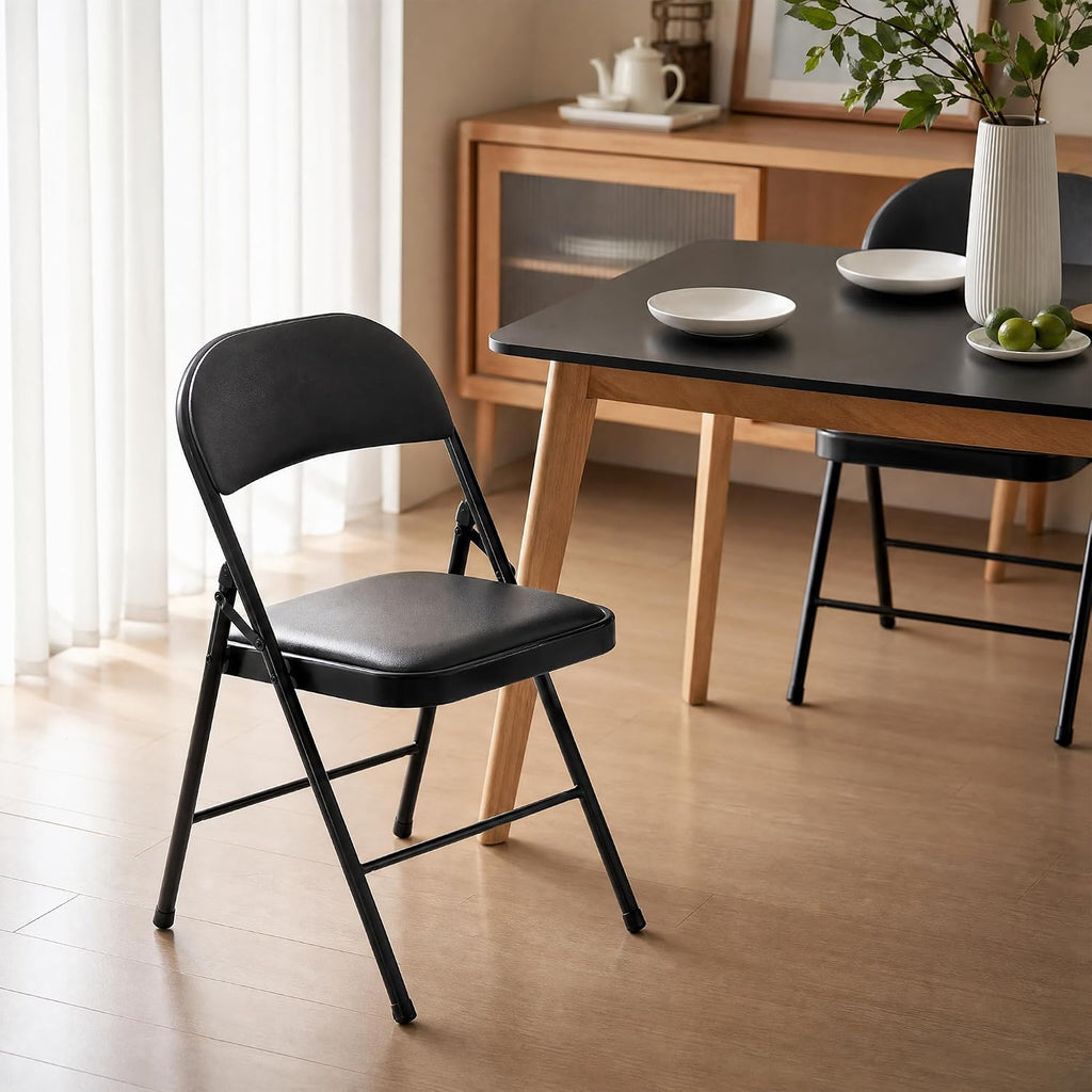 6 Pack Black Folding Chairs with Padded Seats,Portable & Stackable Dining Chairs Sets with Steel Frame, Portable Folding Chairs for Outside, Office Events, Weddings, Pu Leather