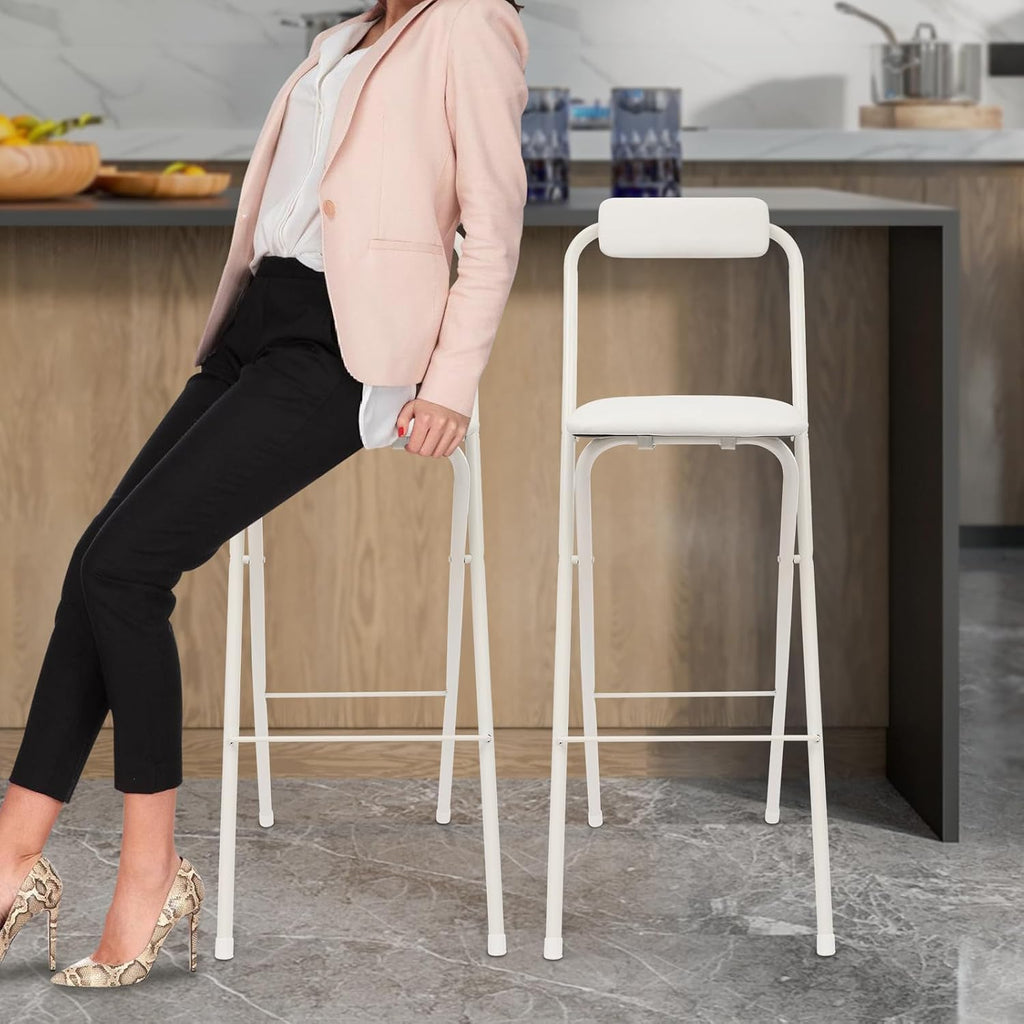 2-Pack White Folding Bar Chairs - 75cm Seat Height, Perfect for Any Space! Tall, Portable & Easy to Store. Great for Parties, Gardens & Home. Get Seating Sorted in a Snap!
