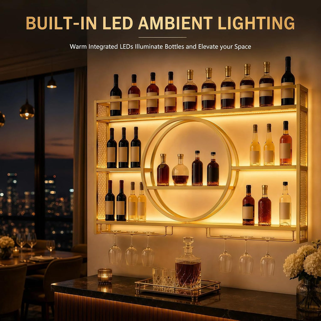 Wine Rack Wall Mounted with LED Lights - 3 Tier Metal Liquor Bottle Display Shelf with Glass Holder, Modern Home Bar Decor for Kitchen and Dining Room (Gold, 39.4 Inch)