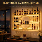 Wine Rack Wall Mounted with LED Lights - 3 Tier Metal Liquor Bottle Display Shelf with Glass Holder, Modern Home Bar Decor for Kitchen and Dining Room (Gold, 39.4 Inch)