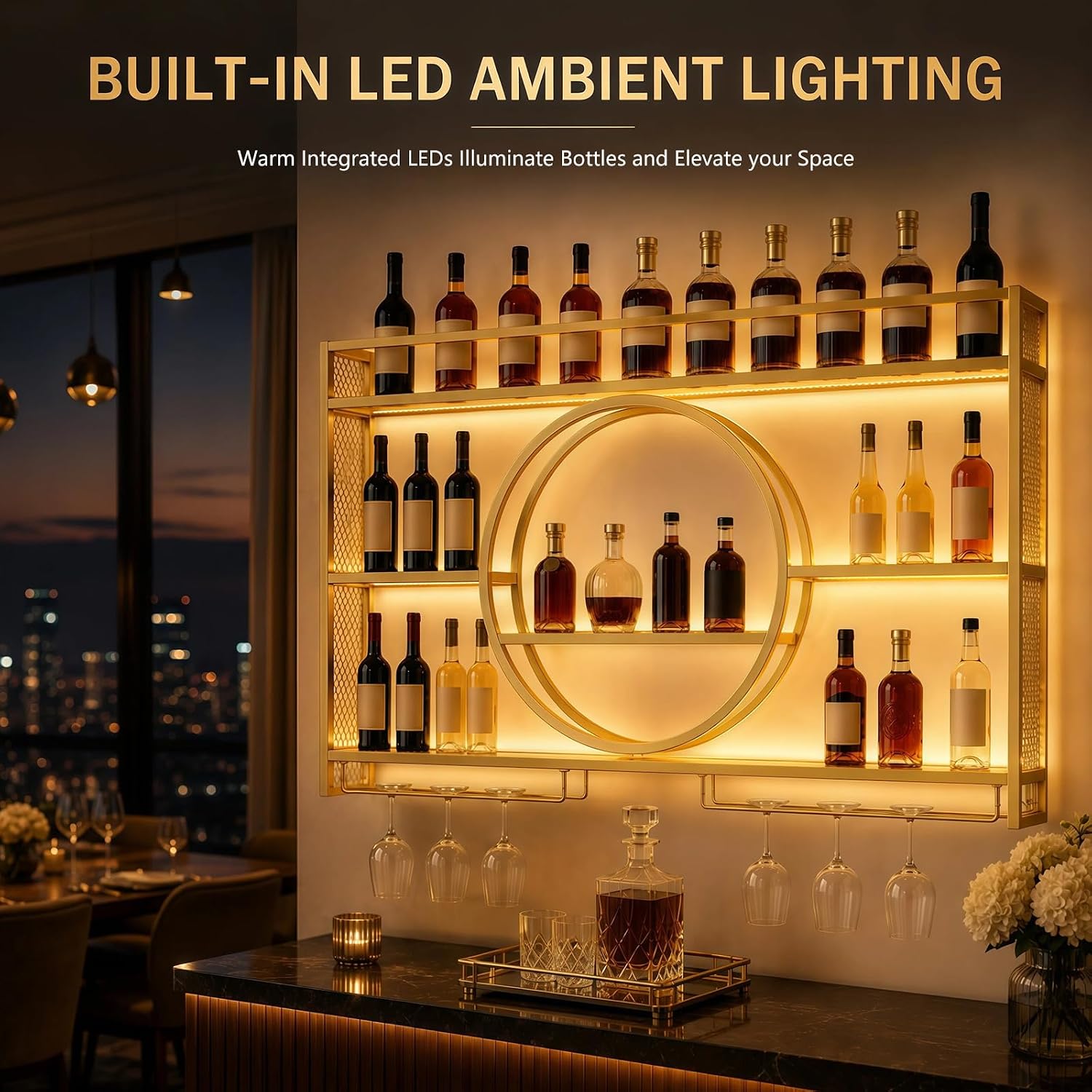 Wine Rack Wall Mounted with LED Lights - 3 Tier Metal Liquor Bottle Display Shelf with Glass Holder, Modern Home Bar Decor for Kitchen and Dining Room (Gold, 39.4 Inch)