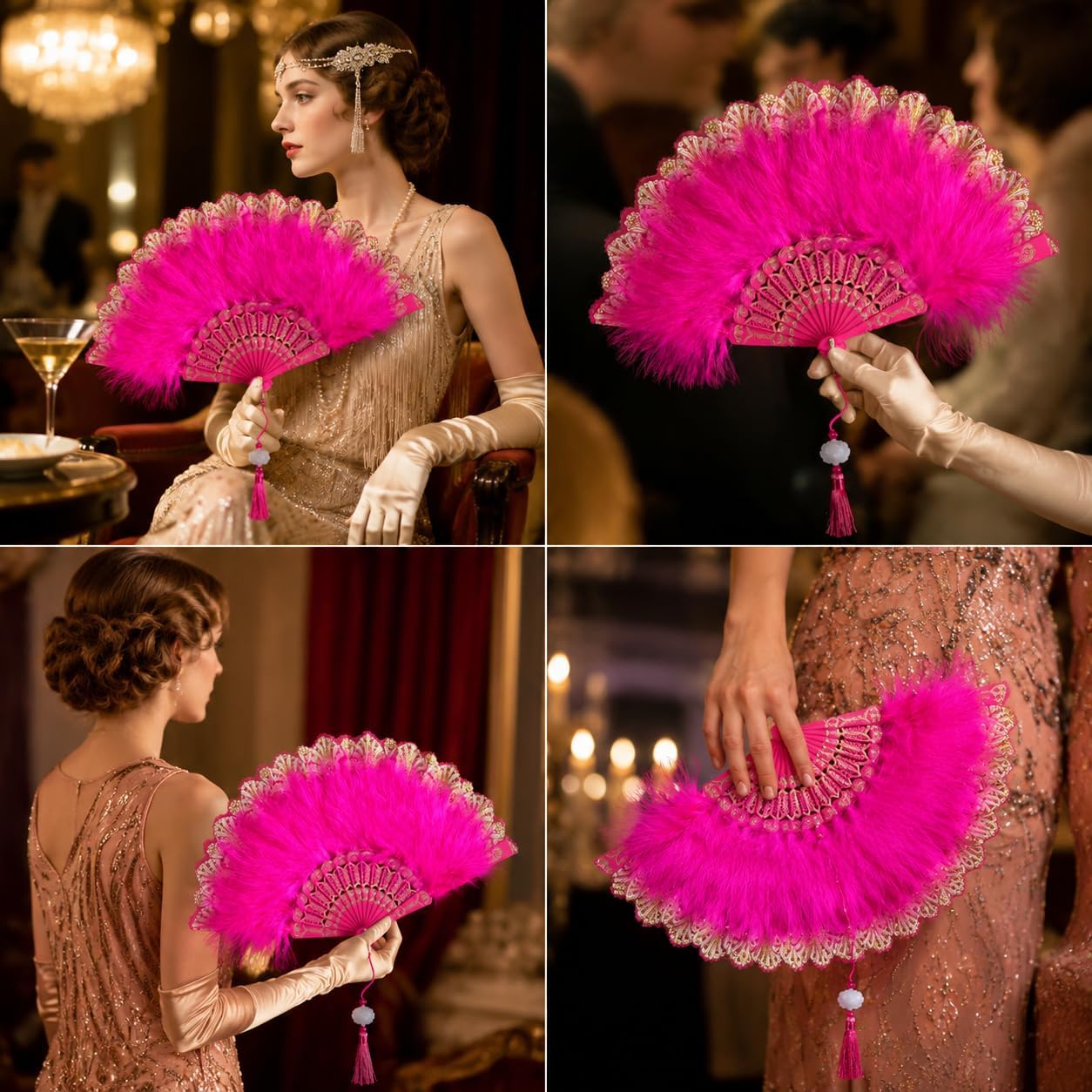 Vintage Lace Folding Hand Fan with Tassel, Elegant Hollow Carved Decorative Fan for Wedding Party Prom Costume Accessory (White)
