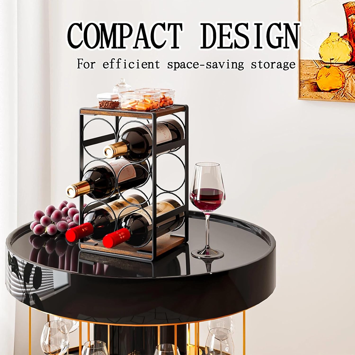 Wood Countertop Wine Rack No Need Assembly 6 Bottles Black + Rustic Brown