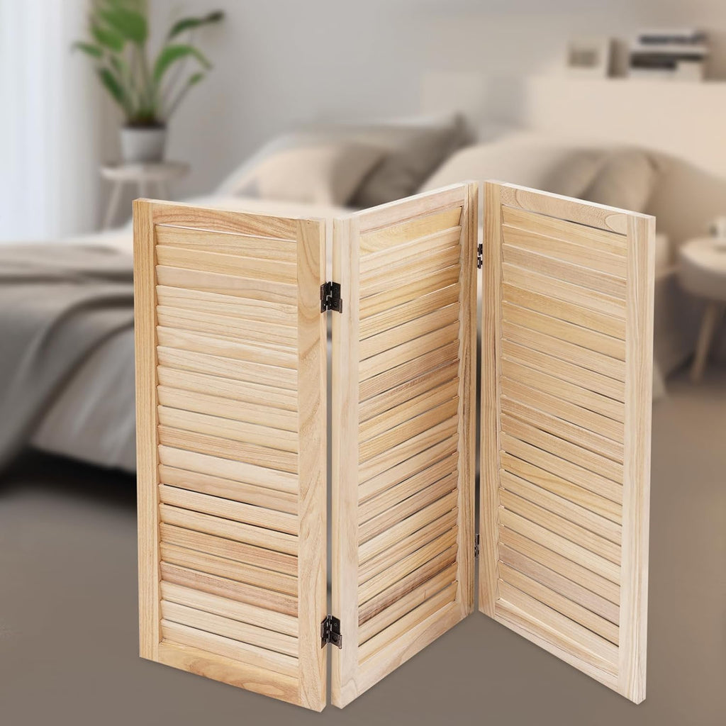 3 Panel 35 * 32in Short Room Divider Screen, 2.7 Ft Paulownia Wood Folding Privacy Screen Freestanding Shutter Divider for Home Office Indoor Decor(Wood Color