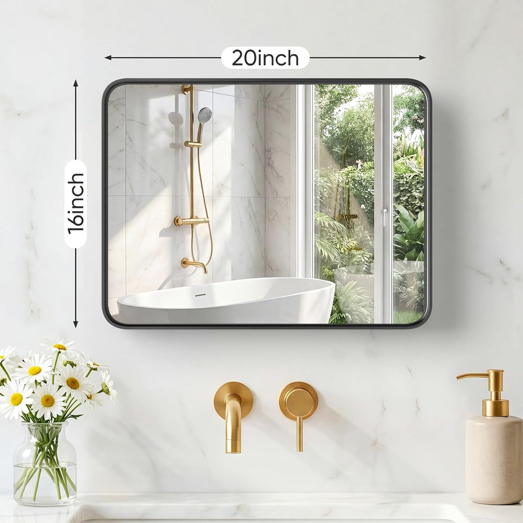 Sweetcrispy Bathroom Mirror 20x16 Inch Metal Framed Rounded Rectangle Vanity Mirror for Wall, Over Sink, Farmhouse, Restroom, Anti-Rust, Modern Decorative, Horizontal or Vertical Hanging, Black