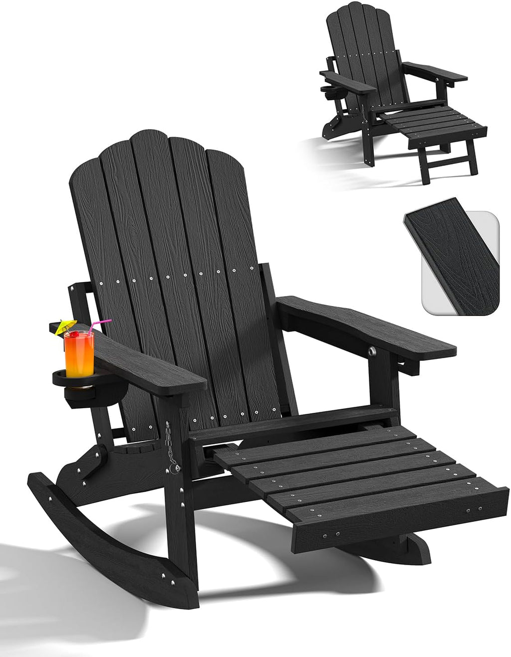 Adirondack Rocking Chairs with Retractable Ottoman & Cup Holders, 6-in-1 Folding HDPE Outdoor Rockers for Patio, Porch, Lawn, Black