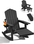 Adirondack Rocking Chairs with Retractable Ottoman & Cup Holders, 6-in-1 Folding HDPE Outdoor Rockers for Patio, Porch, Lawn, Black