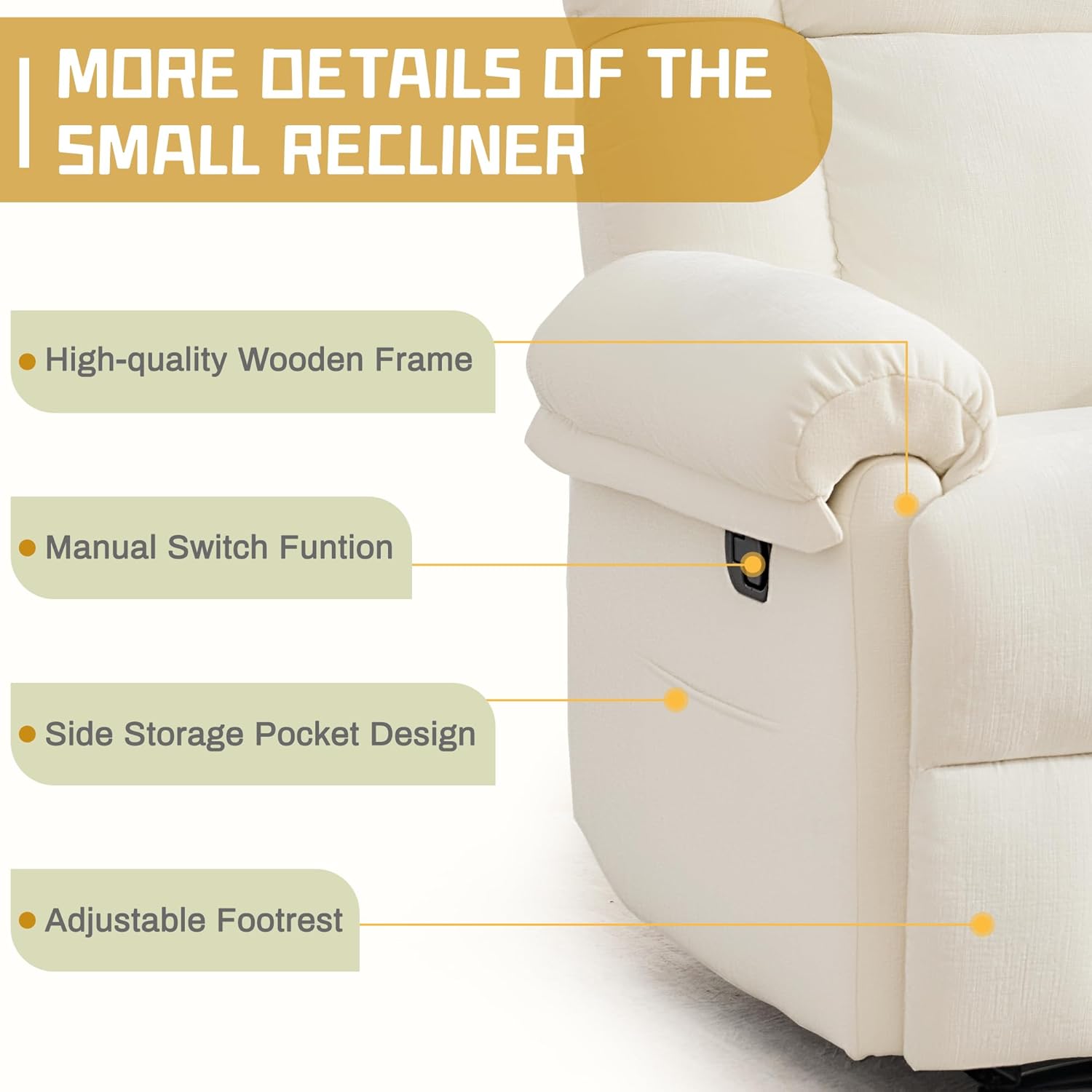 Korser Recliner Chair, Living Room Chairs for Adults, Thick Upholstered Manual Recliner with Side Pockets, Small Recliner for Small Spaces, Lounge Chair for Nursery Bedroom Apartment RV, Chenille