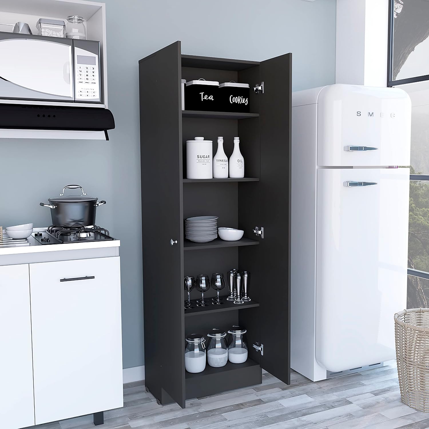 Multistorage Pantry Cabinet,Five Shelves,Double Door Cabinet for Kitchen,Laundry,Living Room,Bedroom-Black,23.6 * 11.8 * 11.8