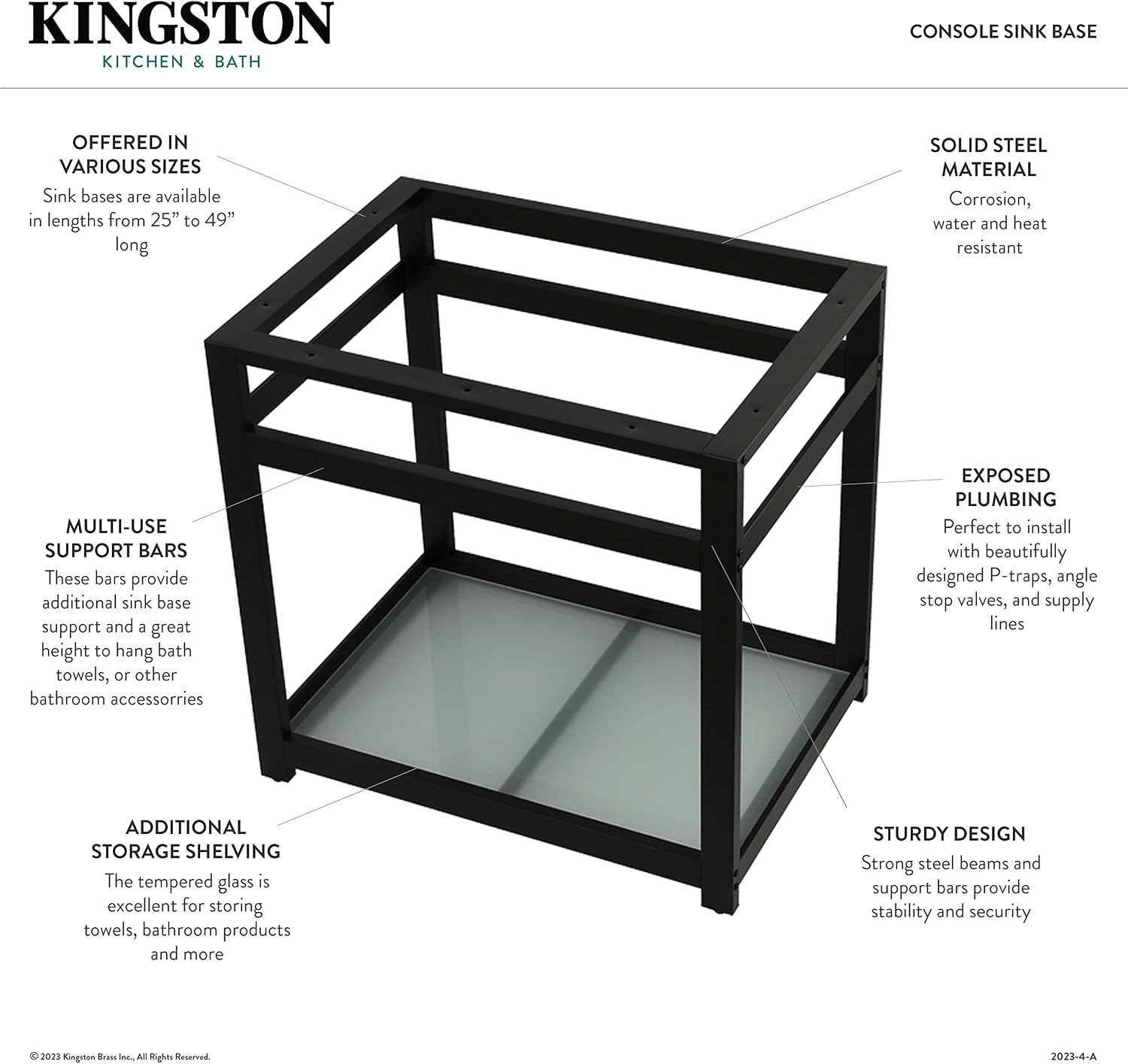 Kingston Brass VSP2522B7 Fauceture 25-Inch x 22-Inch Steel Console Sink Base with Glass Shelf, Brushed Brass