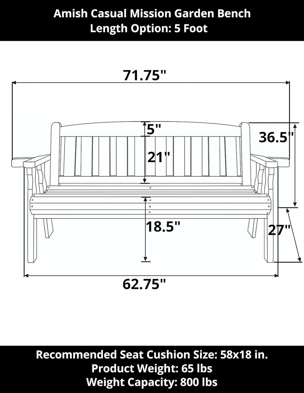 Amish Casual Heavy Duty 800 Lb Mission Treated Garden Bench, 5-Foot, Semi Solid Grey Stain