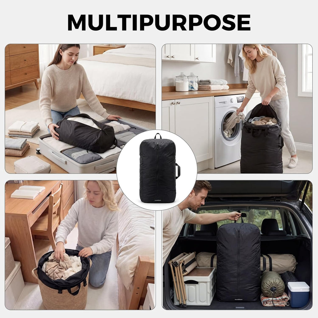 Travel Laundry Bag, Foldable Dirty Clothes Bag with Dual Zipper Opening, 40L Reusable Waterproof Laundry Bag, Large Capacity Travel Bag for Wet or Dirty Clothes for Travel, Camping & Storage (Black)