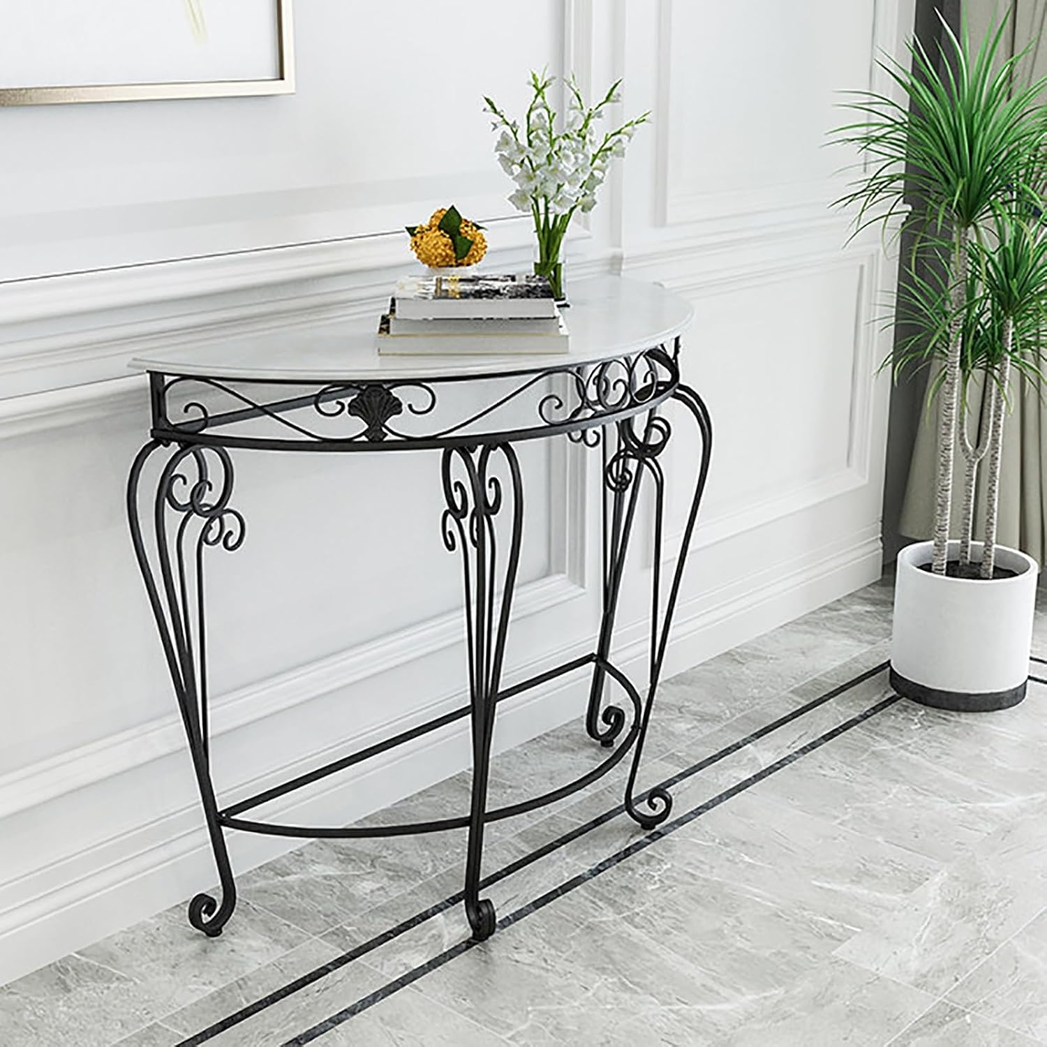 Console Table Decor Entryway Marble Scalloped Tables Behind,Half Moon Console TableFaux Marble Top Entryway Table with Ele Metal Scroll Legs SemiCle Accent Table for Hallway & Living Room (B