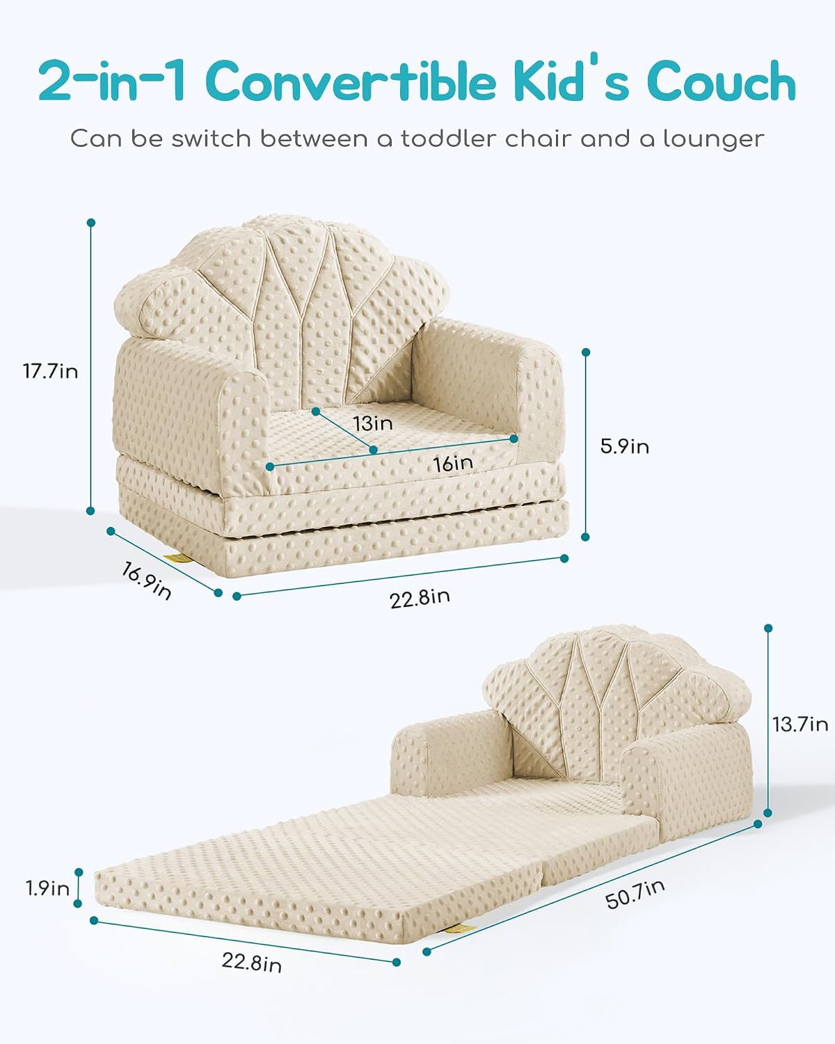 Kids Couch, 2-in-1 Soft Bubble Dot Minky Fold-Out Couch, Convertible Sofa for 2 Years and Up, Kid Furniture for Playroom, Beige