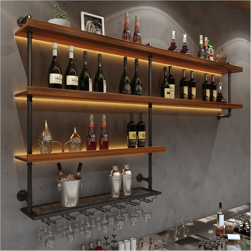 Solid Wood LED Wall Mounted Wine Rack (31.5 in/ 80CM) | 4 Tiers Liquor Bottles Floating Shelves with Glass Holder, Industrial Style, Suitable for for Home Bar Dining Room